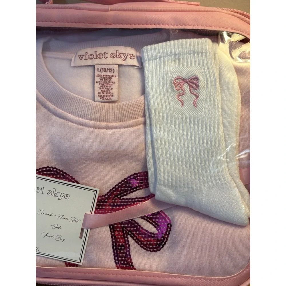 Violet Skye Girls L 10/12 Pink Ribbon Sweatshirt Shorts Socks 4pc Set & Bag